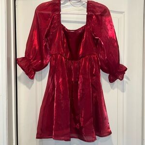 NWT Red Chiffon Baby Doll Dress with Sheer Billowy Sleeves